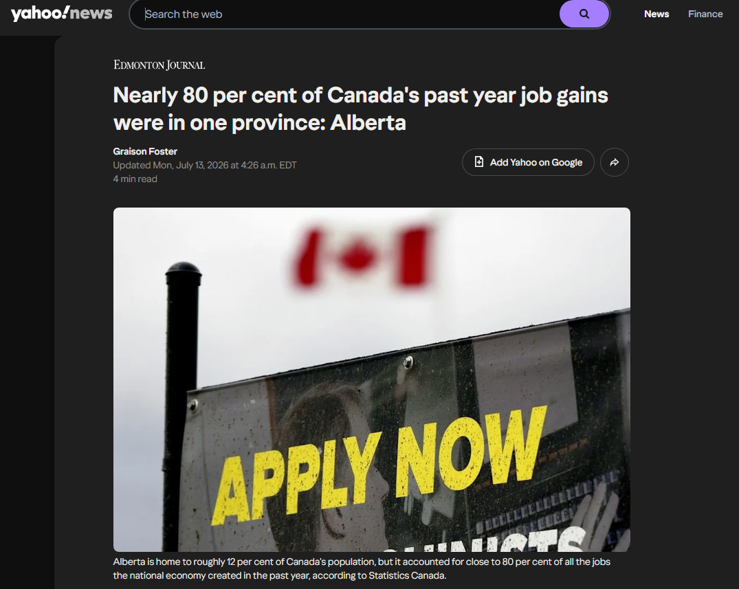 Edmonton Journal: Nearly 80 per cent of Canada's past year job gains were in one province: Alberta